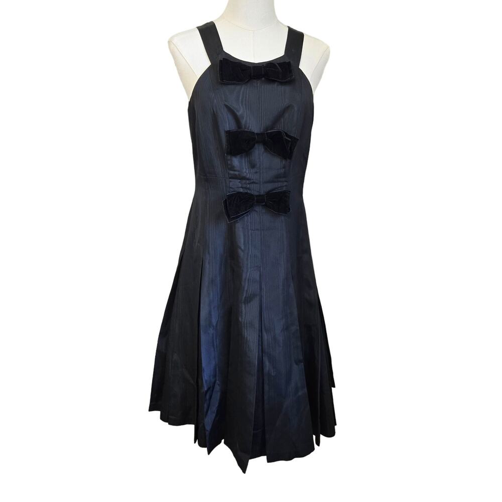 David Meister Vtg 90s Retro Classic Black Taffeta Velvet Bow Black Midi Dress 8